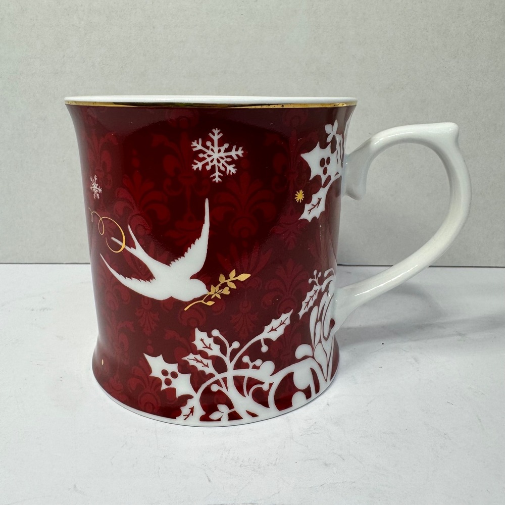 Starbucks by Rosanna Holiday Mug 2010 Red White Bird Snowflake Gold Rim 14oz EUC